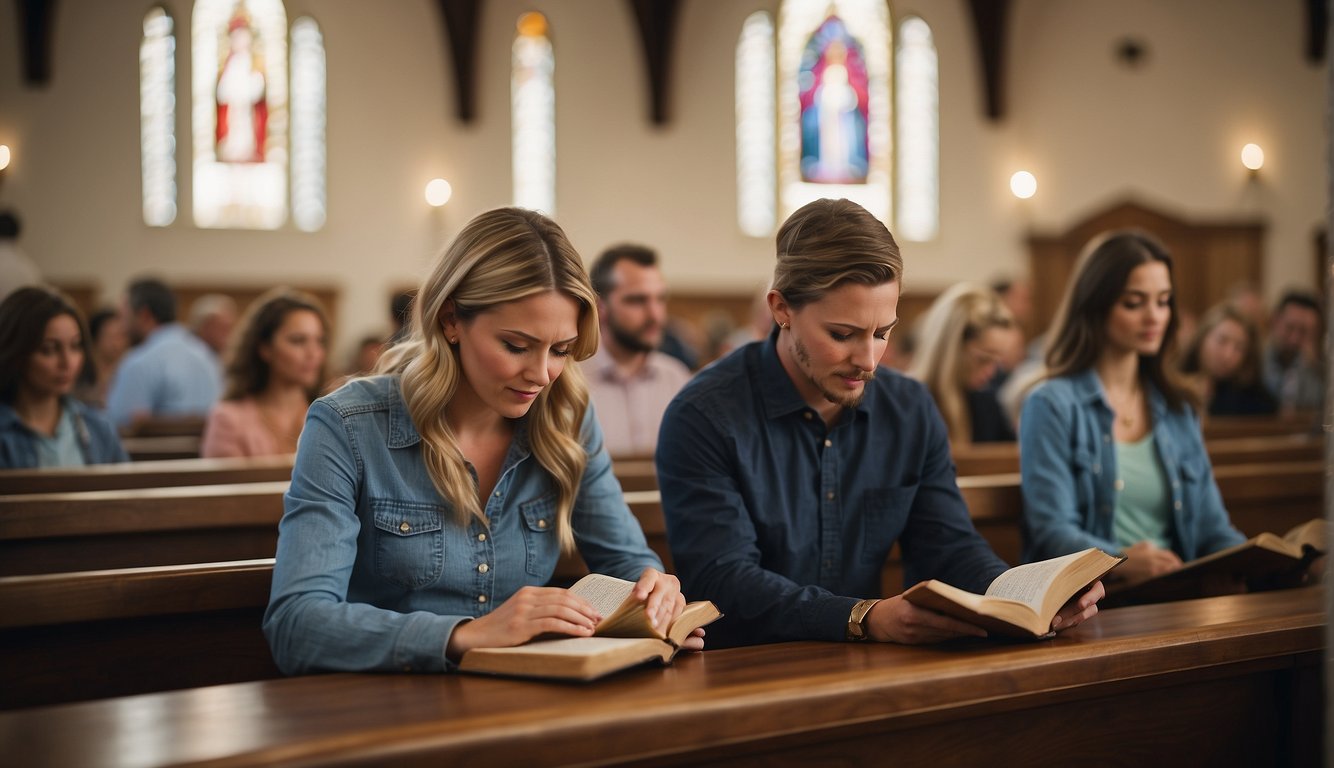 A couple praying together, reading the Bible, and attending church services. They are actively communicating and supporting each other in their faith journey