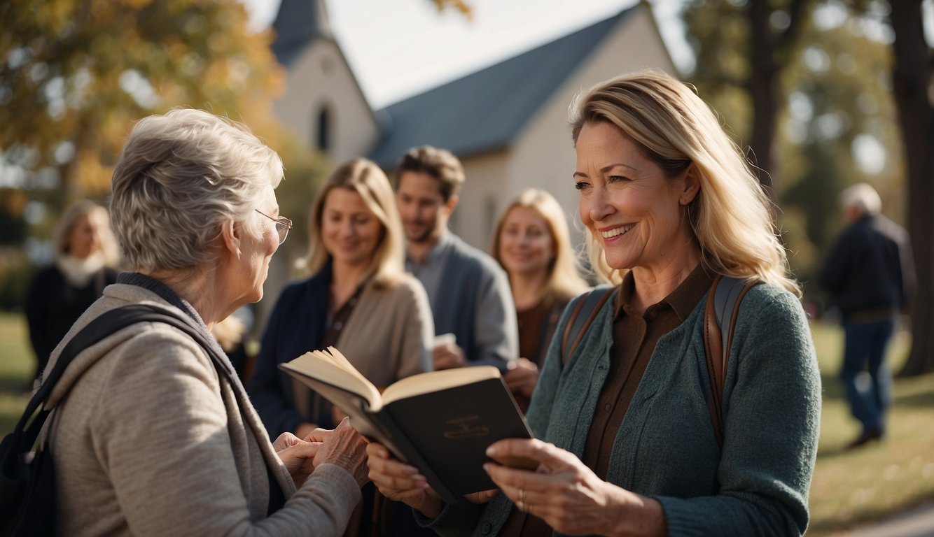 A church with a welcoming exterior, surrounded by a tight-knit community. A woman studying the Bible and receiving guidance from older women