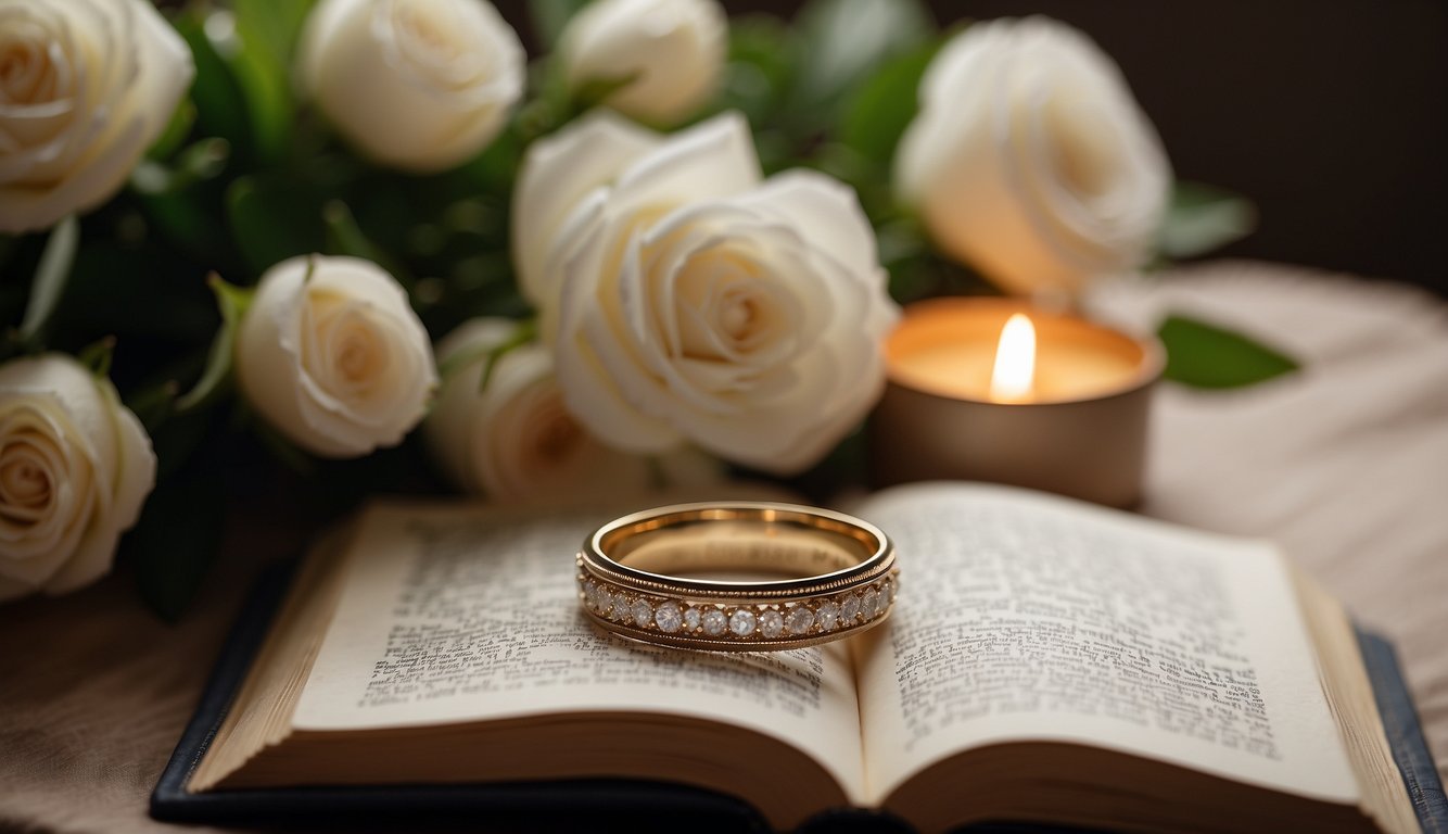 A wedding ring placed on an open Bible, surrounded by a bouquet of flowers and a candle, symbolizing the spiritual and practical aspects of Christian marriage