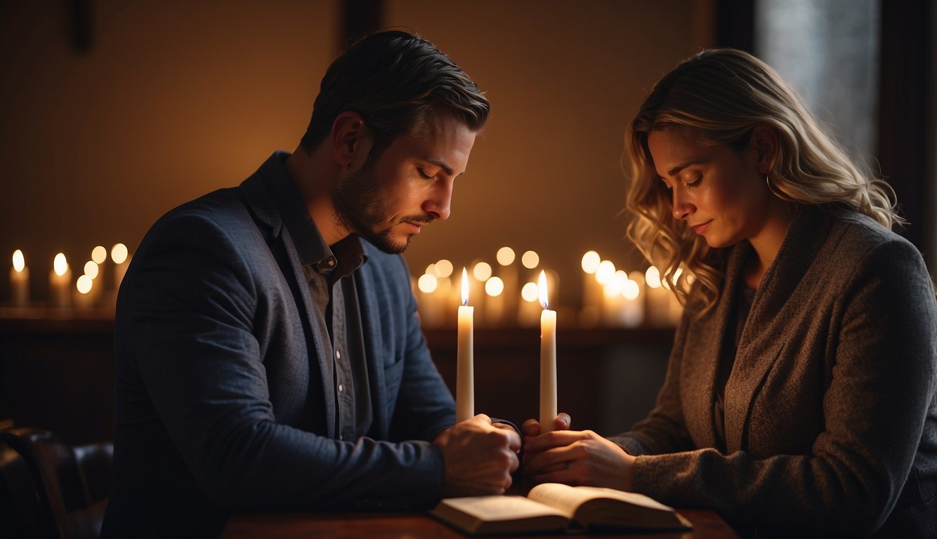 A couple sits together in prayer, surrounded by open Bibles and a warm, glowing candle. Their hands are folded in unity as they seek guidance and wisdom for their upcoming marriage