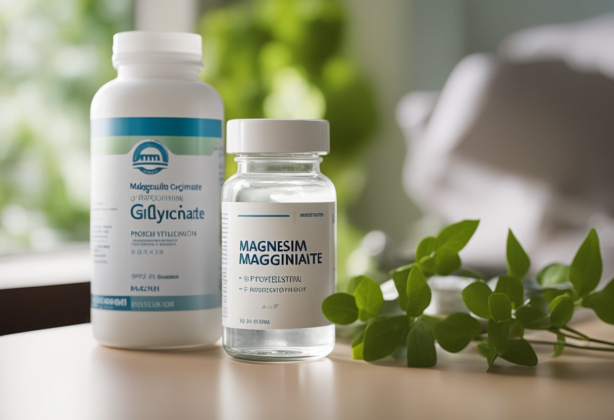 A bottle of magnesium glycinate supplement sits on a bedside table, next to a glass of water and a prenatal vitamin
