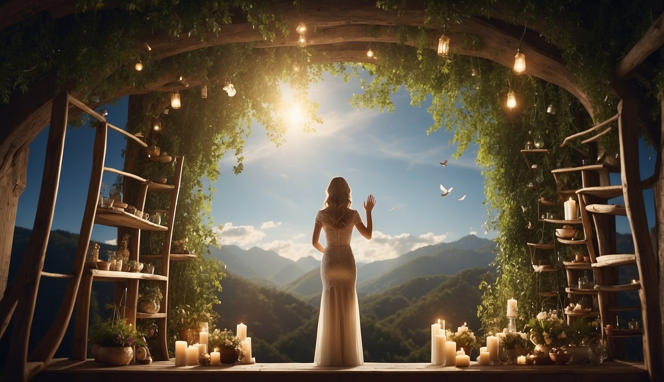 A woman holding a Bible and praying, surrounded by symbols of marriage and growth: a wedding ring, a plant, and a ladder reaching towards the sky