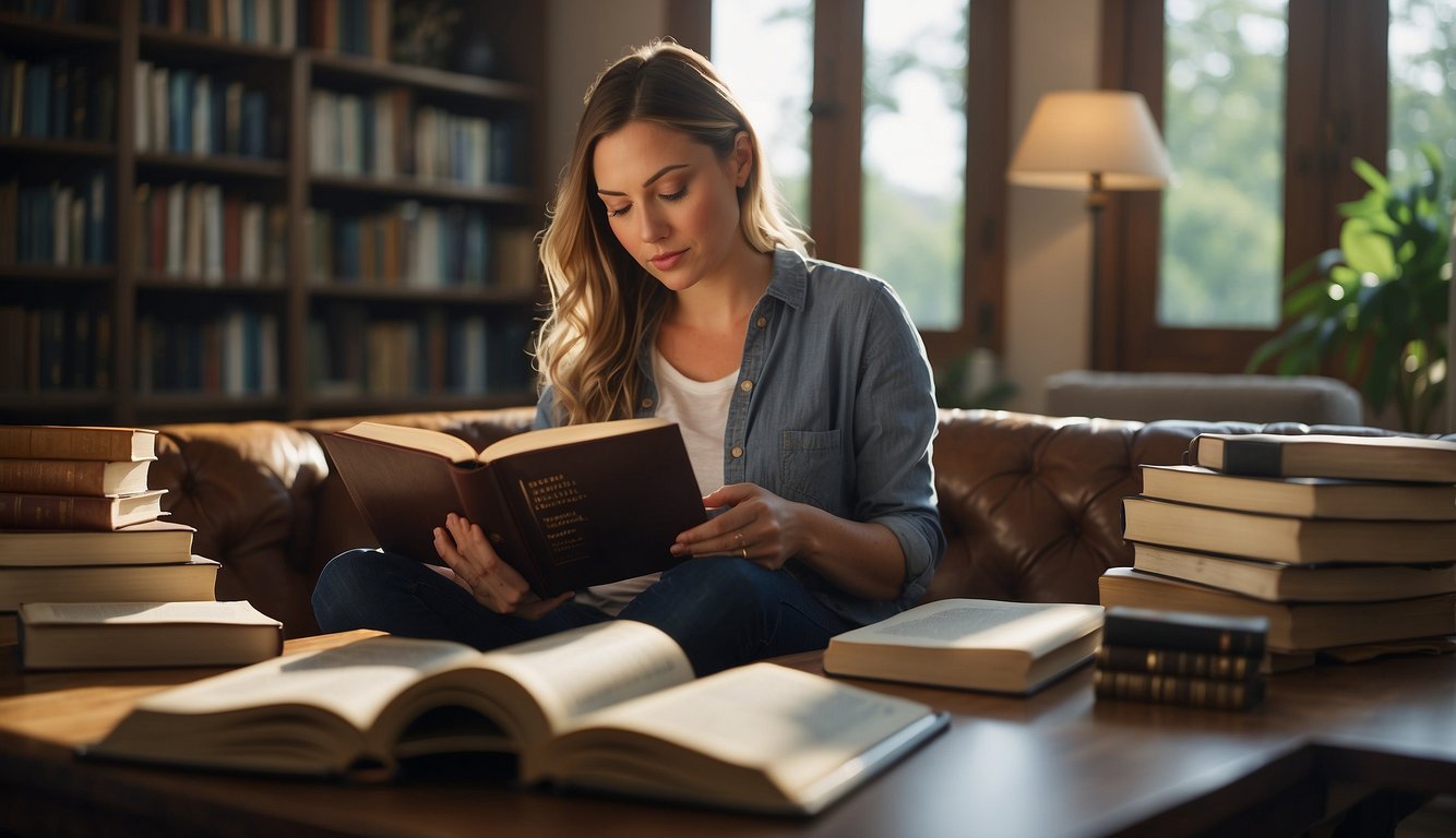 A woman reading her Bible, surrounded by wedding planning books and a journal, with a peaceful and focused expression