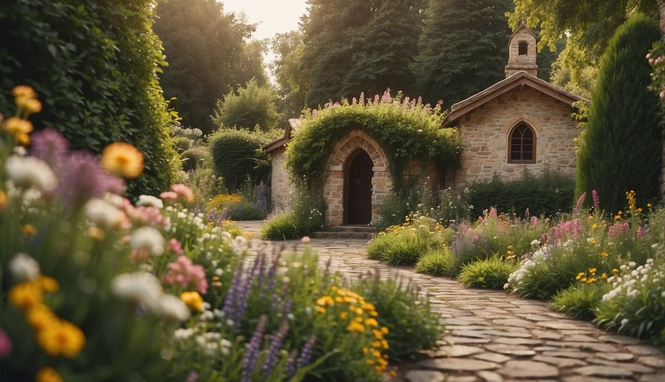 A beautiful garden with a path leading to a rustic chapel, surrounded by blooming flowers and lush greenery, symbolizing the journey of marriage for God's glory