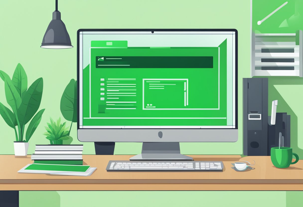 A computer screen displays a vibrant green color with a bold "Green Screen of Death" error message in the center. The background is a clean and modern office setting with minimalistic decor
