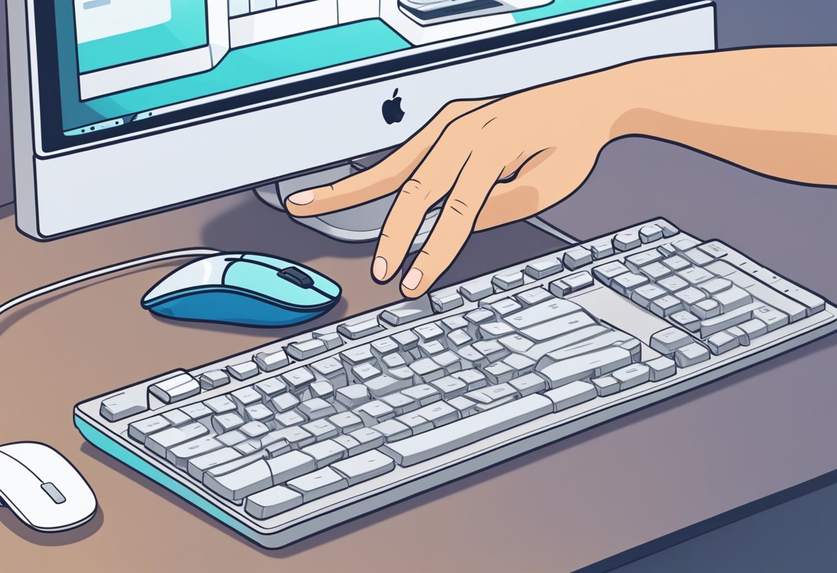 A hand reaches for a Logitech mouse next to a Windows 11 computer. The mouse is not working, and the person is checking the basics to fix the issue