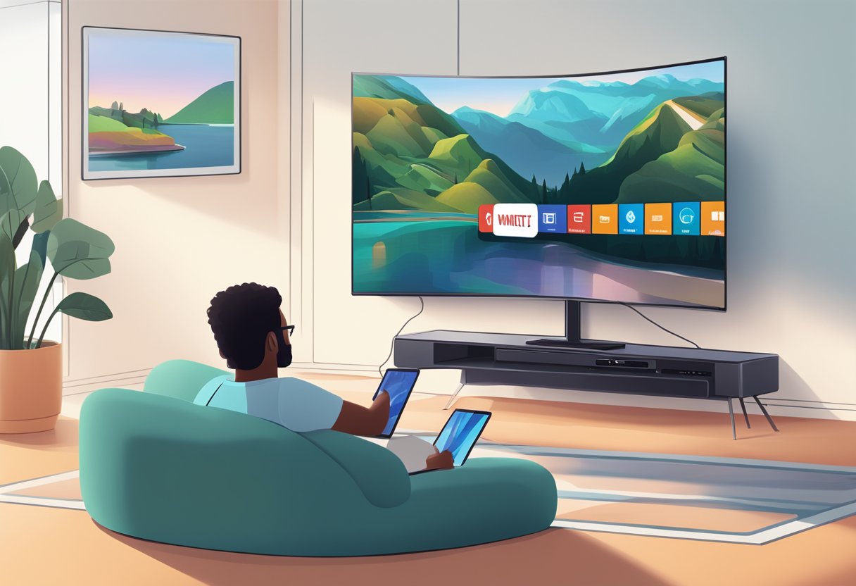 A laptop and a smart TV connecting wirelessly with the Miracast feature, both displaying the Windows 11 interface