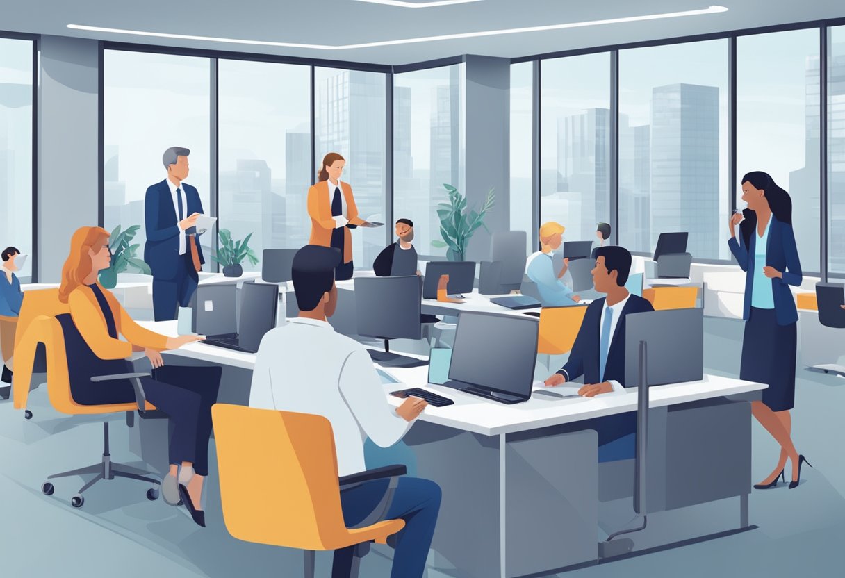 A bustling office with diverse clientele in finance, technology, and healthcare. Consultants strategize with engaged clients in a modern, collaborative setting