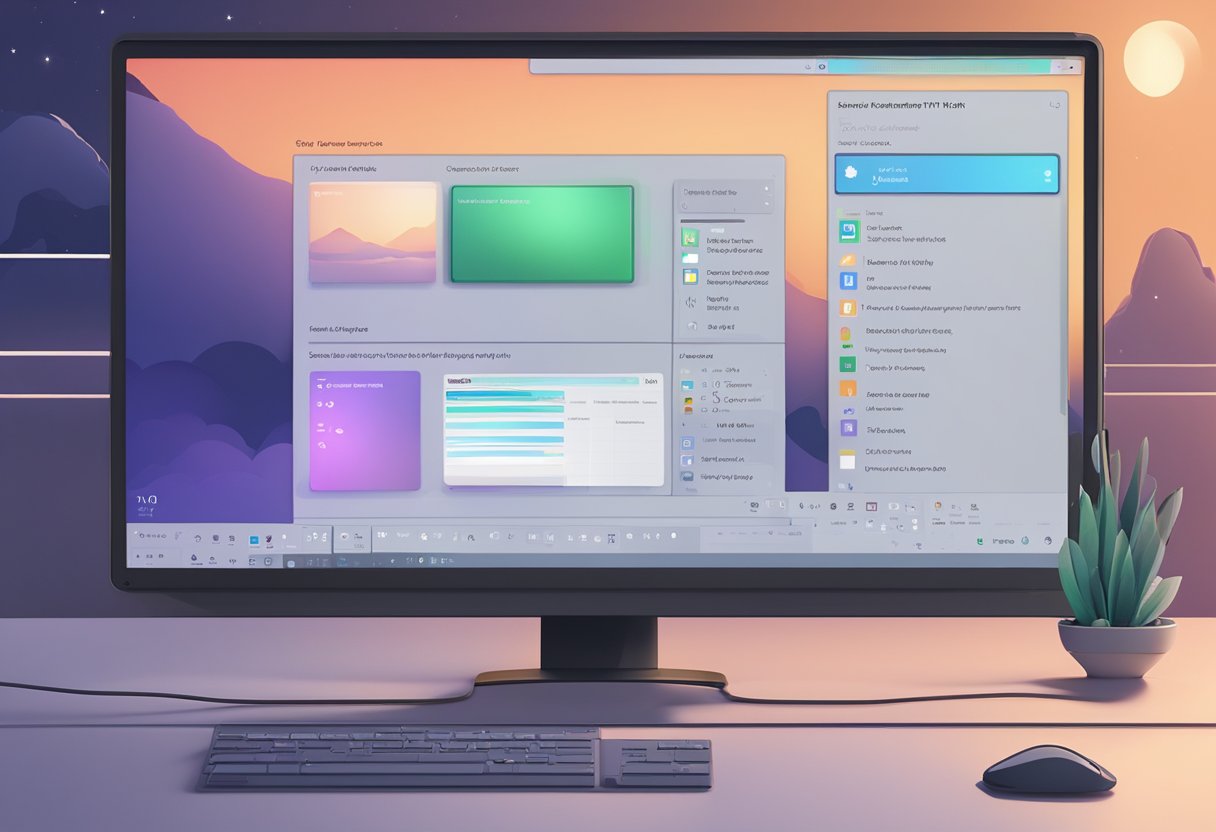 A computer screen with Windows 11 interface, night light feature button grayed out, and a window in the background depicting night time