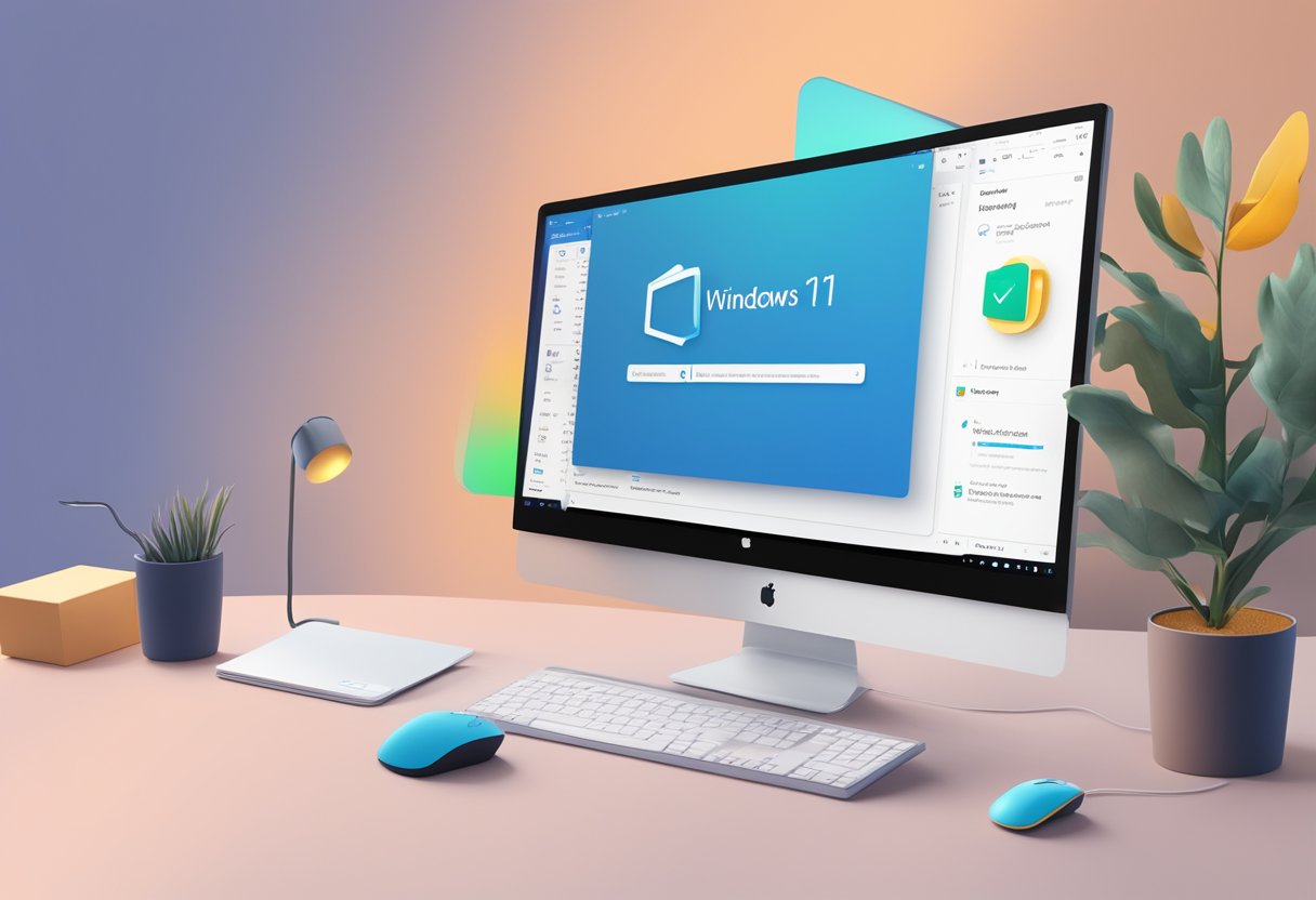 A computer screen displaying a Windows 11 update notification with a progress bar, while a mouse hovers over the "Update Now" button