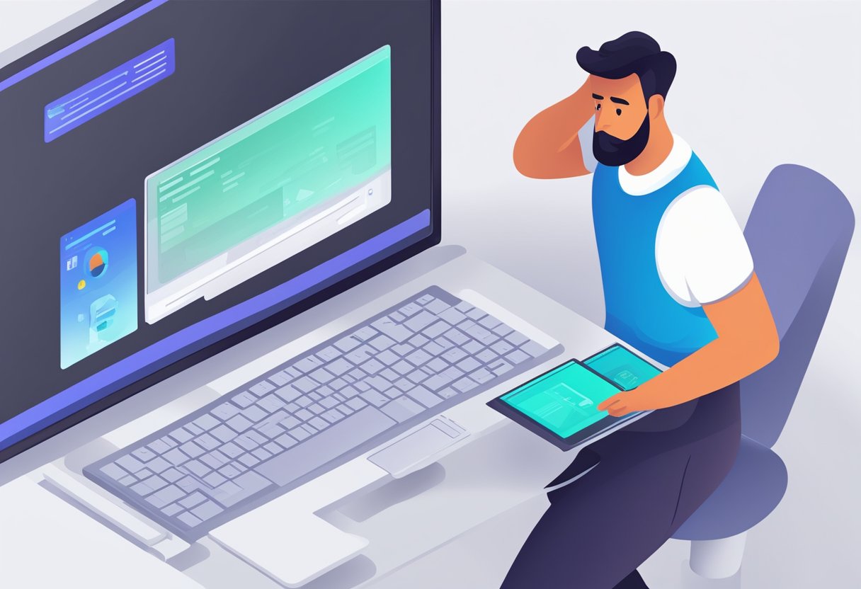 A computer screen with a Windows 11 interface displaying a search bar and error message. A person troubleshooting with a laptop and internet connection nearby