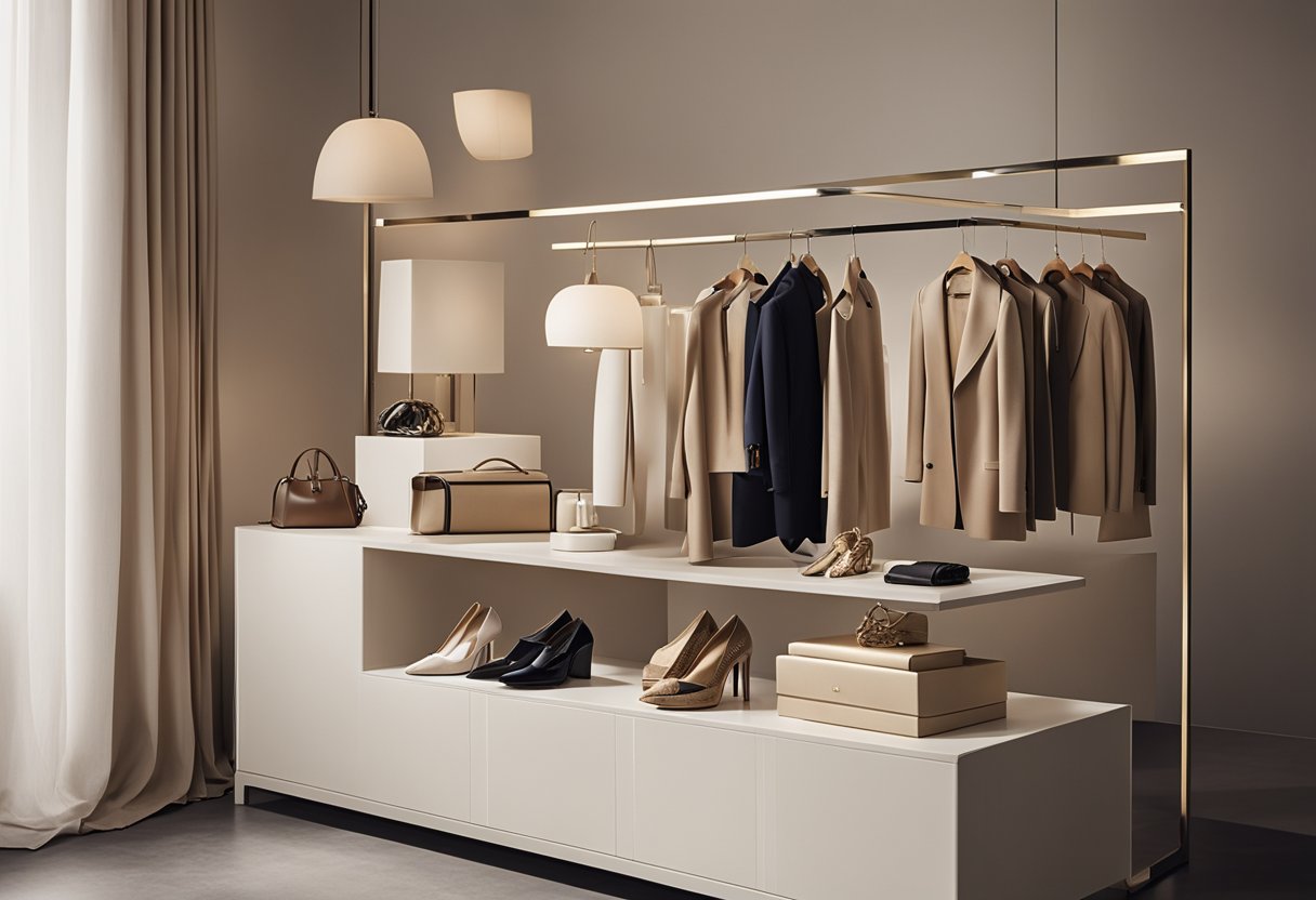 A sleek display of 10 high-end fashion items in a serene, upscale setting
