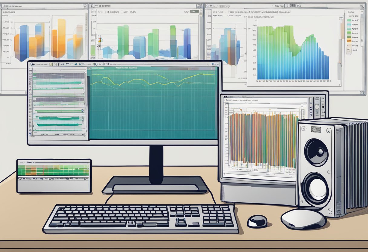 A computer screen displays a graph showing high CPU usage caused by the Windows audio device, while a series of audio processing tasks are being performed in the background