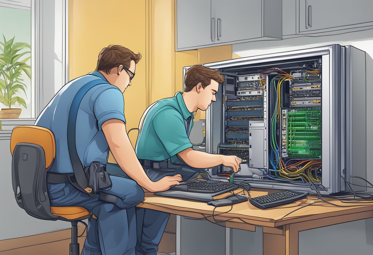 A technician troubleshoots a computer, checking network connections and fixing windows access issues