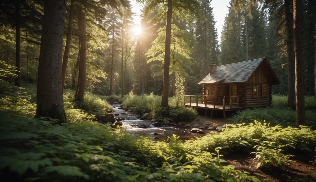 A serene forest clearing with a small wooden cabin surrounded by tall trees, a peaceful stream flowing nearby, and soft sunlight filtering through the leaves