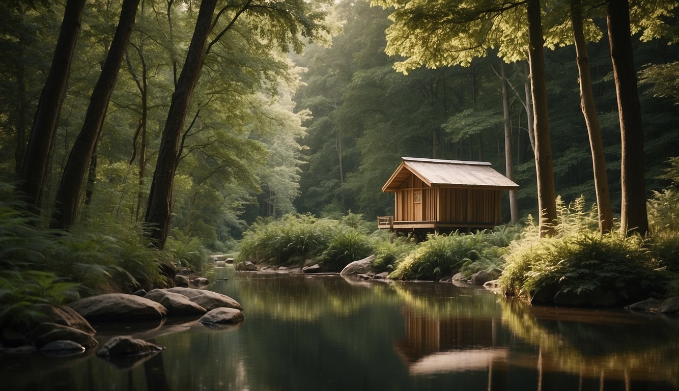 A serene forest clearing with a small wooden meditation hut surrounded by tall trees and a gentle stream flowing nearby