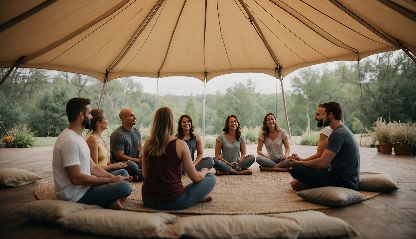 A group of people gather in a circle under a large tent, surrounded by trees. They sit on cushions, meditating together in a peaceful and supportive atmosphere