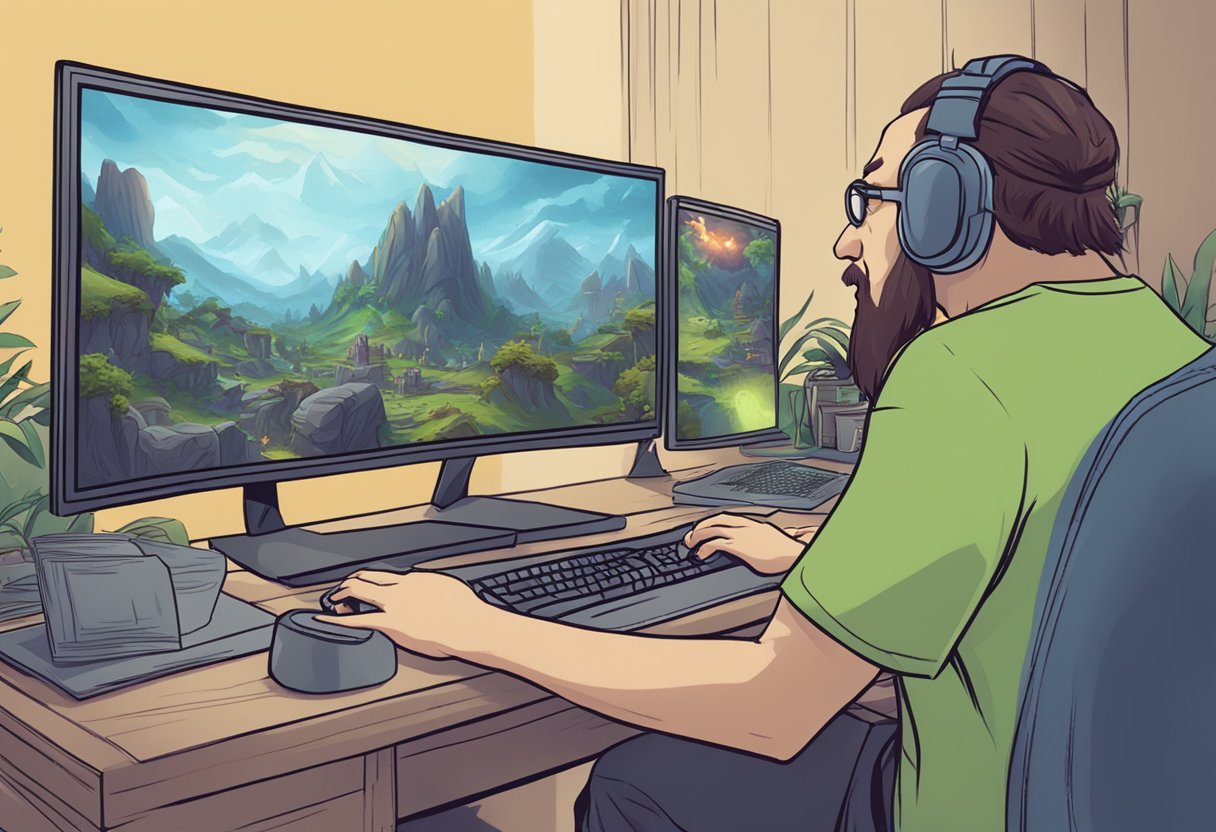 A computer screen shows a World of Warcraft error message "Not enough memory" with a frustrated gamer staring at the screen