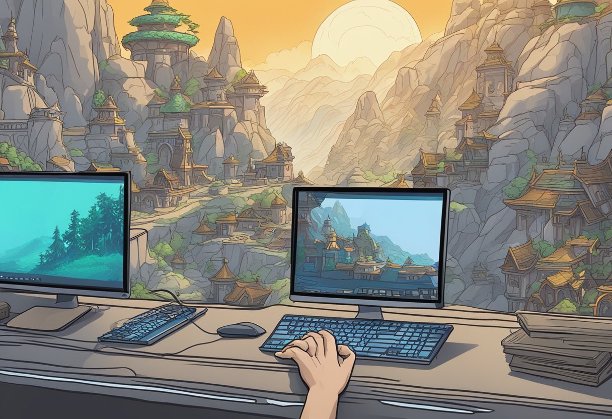 The computer screen displays a stalled World of Warcraft update. A hand reaches for the keyboard, ready to troubleshoot the issue