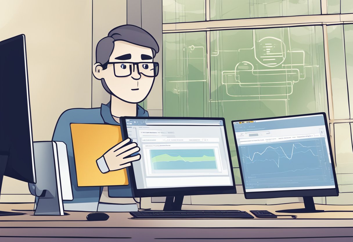 The computer screen displays an error message: "IMAP server closed the connection." The user's frustrated expression is reflected in the monitor's glare