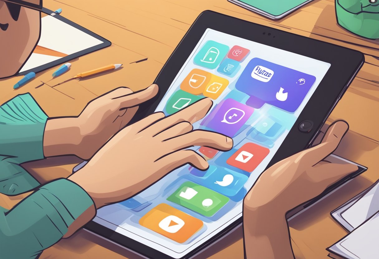 A hand reaching for a tablet with a "YouTube Kids" app on the screen. A puzzled expression as the user tries various troubleshooting steps