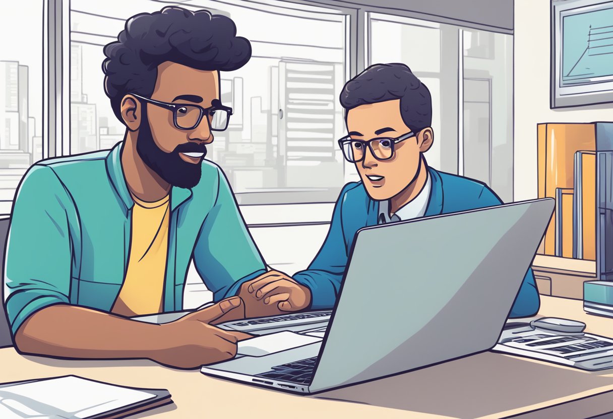 A laptop screen displaying a "Another Meeting in Progress" error message with a frustrated user trying to troubleshoot the issue