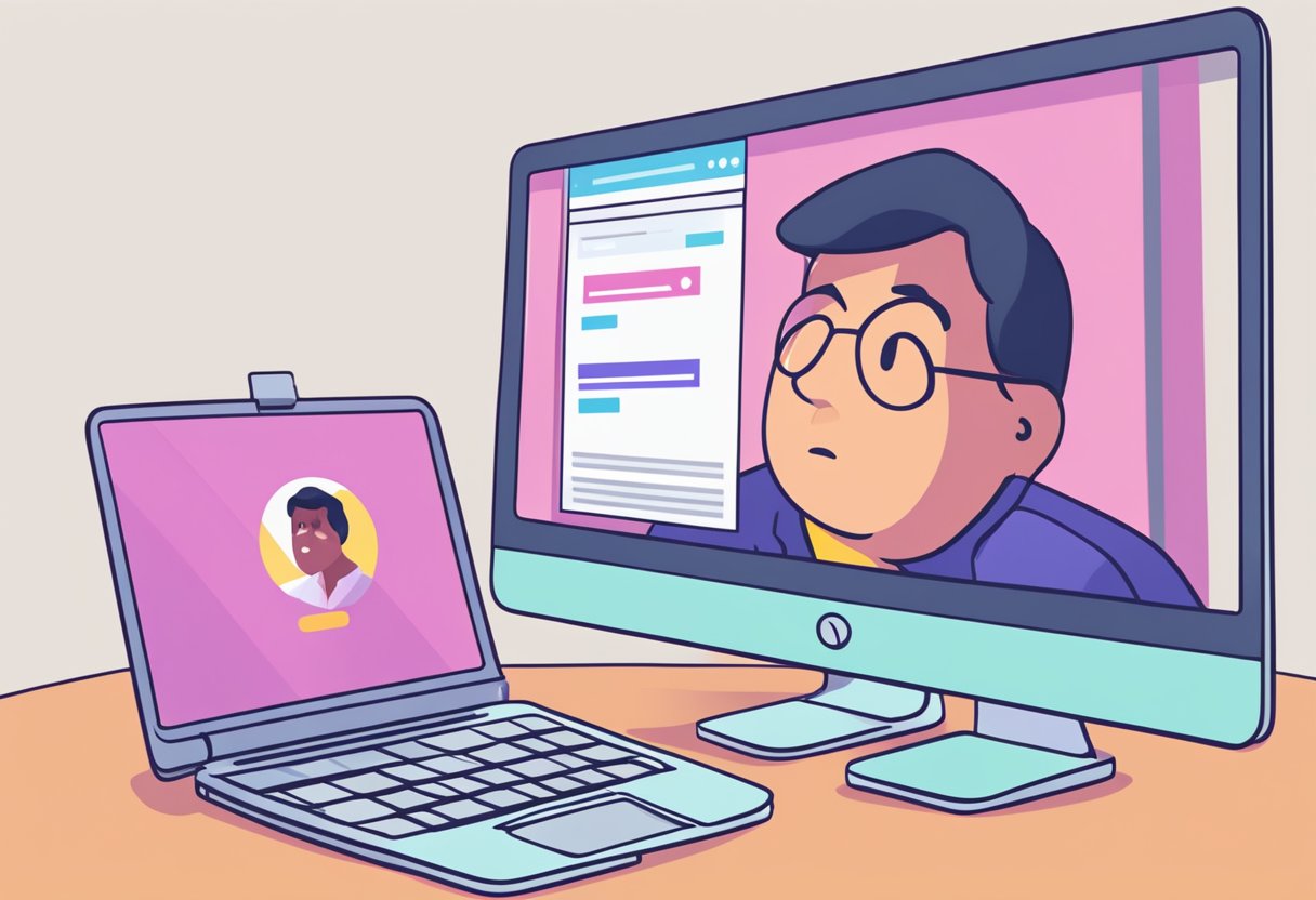 A computer screen displaying a Zoom meeting with a "screen share not working" error message. A frustrated user is trying to troubleshoot the issue