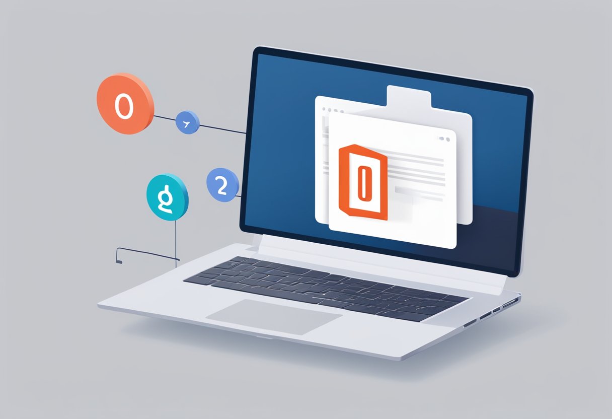 An open laptop displaying an error message "0x80070002" in Outlook, with a red exclamation mark icon next to it