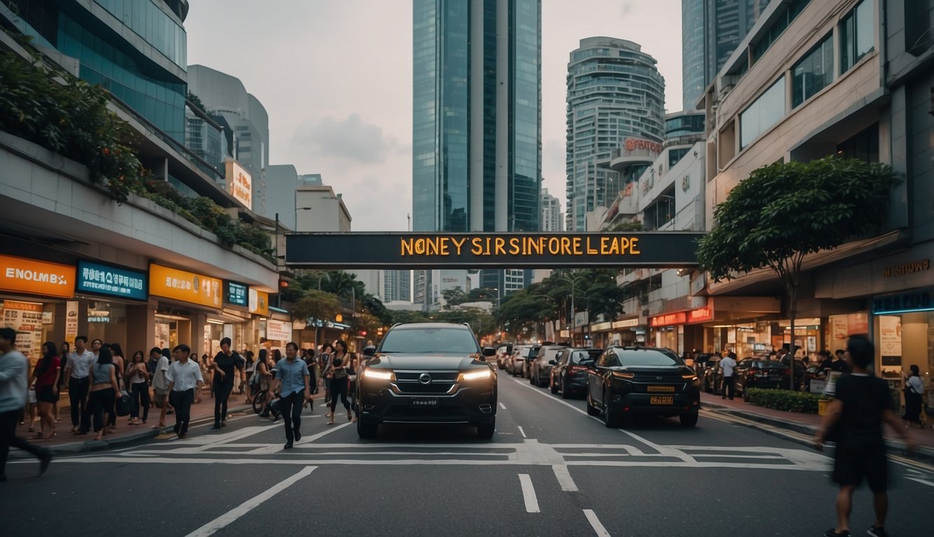A bustling city street with a prominent sign for a "money lender singapore near me", surrounded by various businesses and people passing by