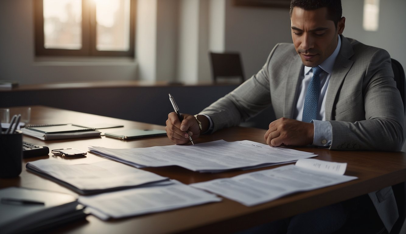 A person sits at a desk, filling out forms. A money lender stands nearby, reviewing documents and discussing terms. Signs advertise loan services