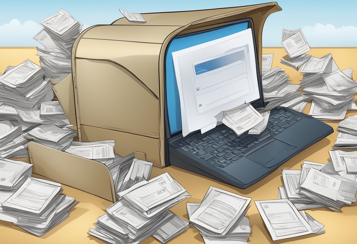 A mailbox bursting with letters and envelopes, a "size limit exceeded" message displayed on a computer screen