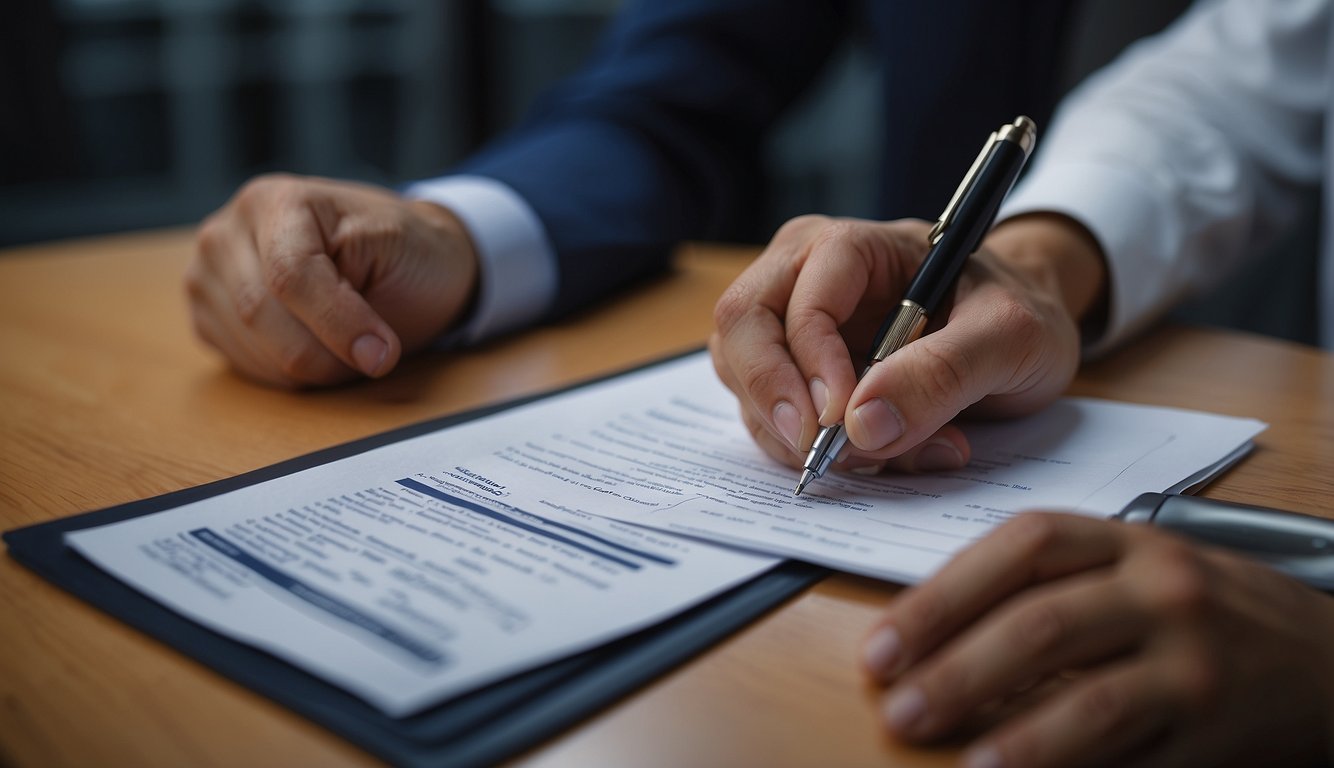 A hand holding a pen signs a contract with a money lender. The document is labeled "Eligibility and Application" with important terms and conditions clearly visible