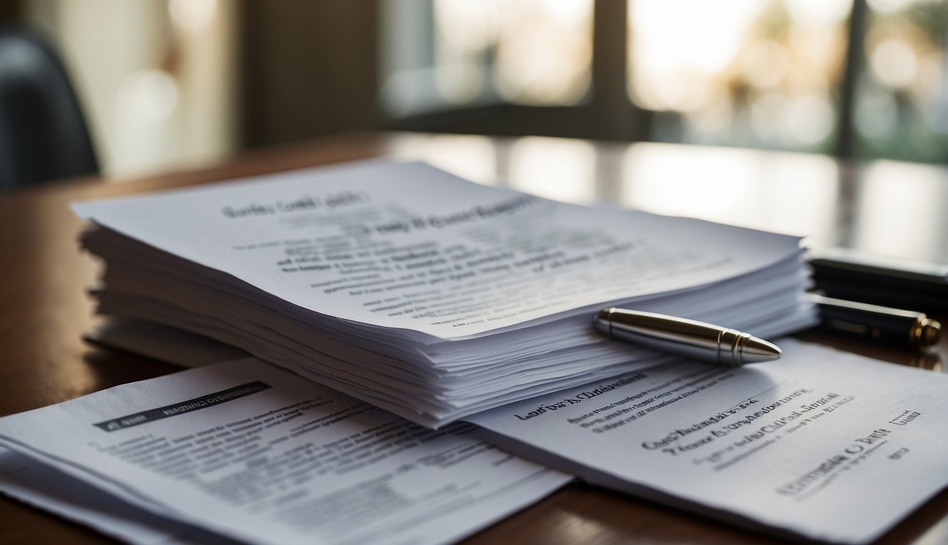 A stack of loan documents with terms and conditions, a pen, and a money lender contract on a desk