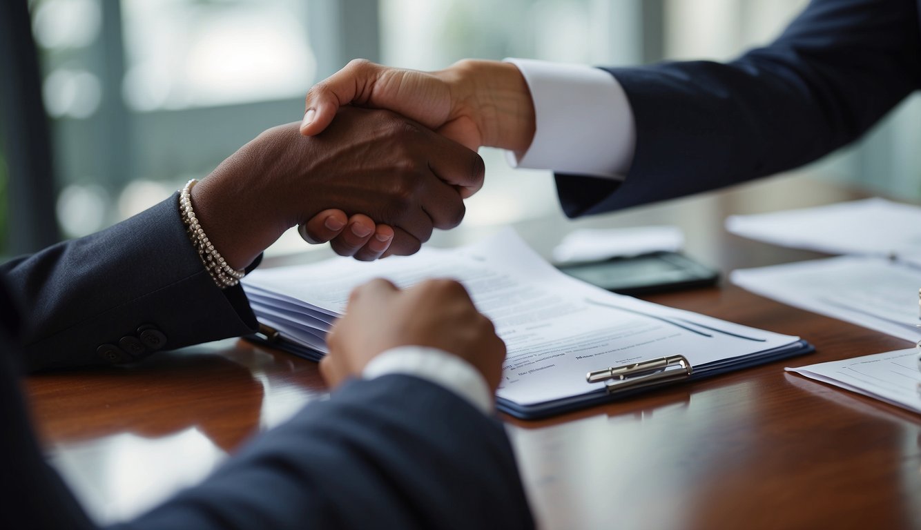 A person signing a loan contract with a money lender, exchanging documents and shaking hands