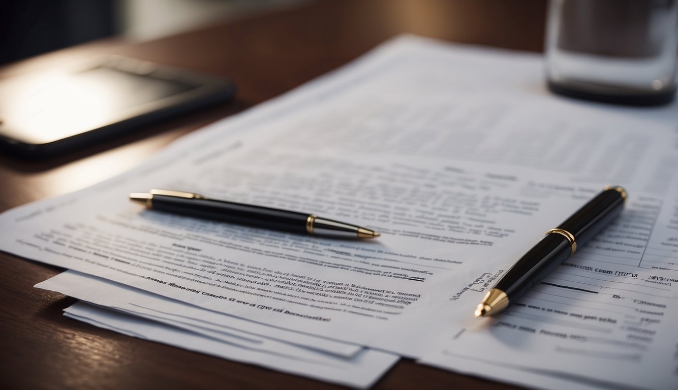 A stack of legal documents and a pen on a polished desk. A money lender contract title prominently displayed