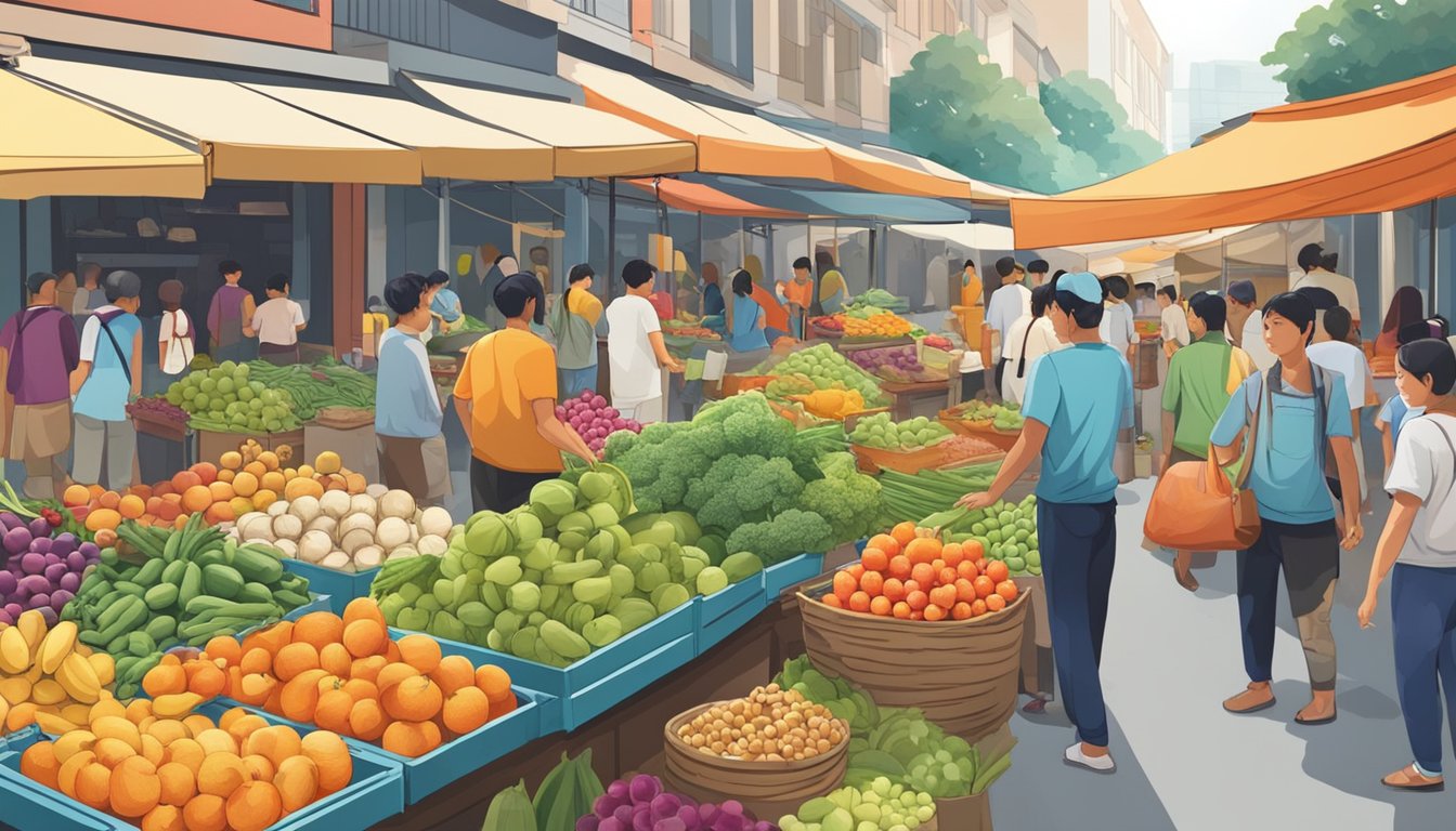 A bustling street market in Singapore, with colorful fruits and vegetables on display, and vendors interacting with customers