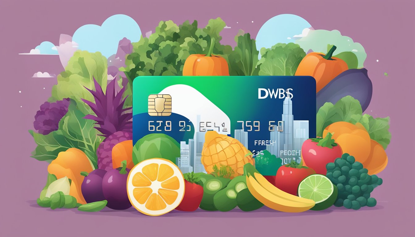 A vibrant credit card surrounded by fresh produce, a city skyline, and a sleek smartphone, symbolizing the benefits of the DBS Live Fresh Card