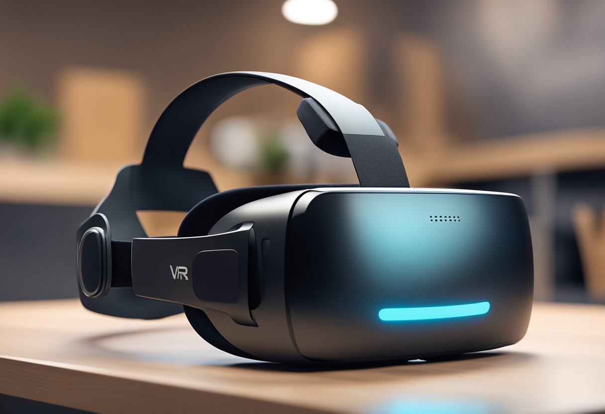 A VR headset sits on a table, with adjustable focus controls visible. The background is blurred, emphasizing the need for proper focus