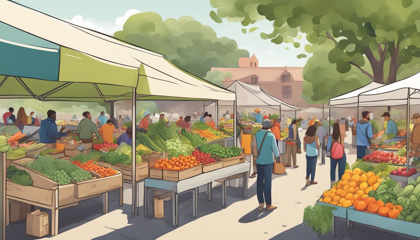 A bustling farmers' market with colorful produce, eco-friendly products, and people engaging in sustainable living practices