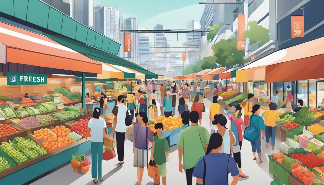 A vibrant, bustling market with colorful signage and busy shoppers browsing fresh produce and goods at the "Frequently Asked Questions dbs live fresh singapore" market