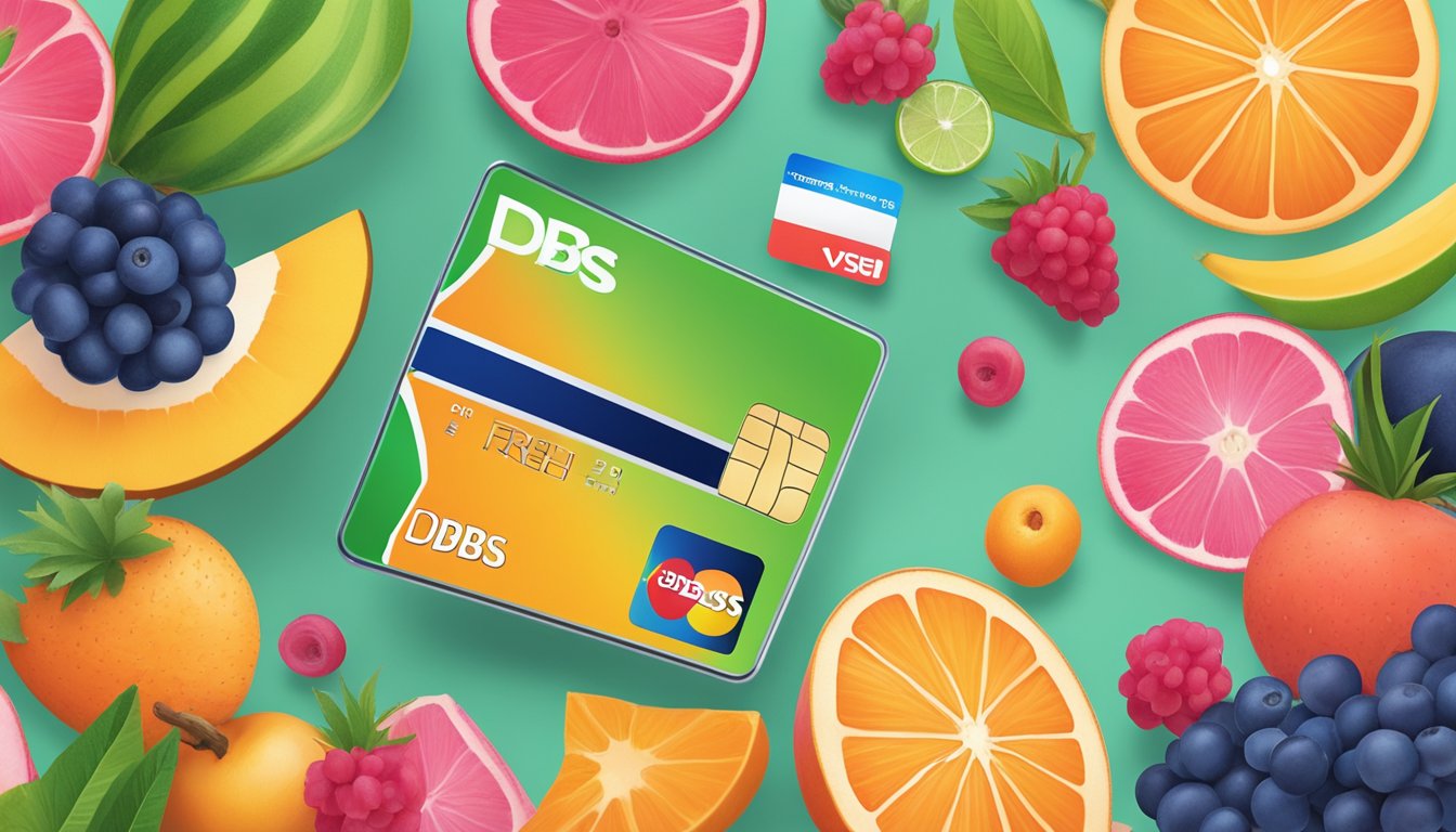 A vibrant credit card surrounded by fresh fruits, flowers, and a sleek smartphone, symbolizing the benefits of the DBS Live Fresh Card