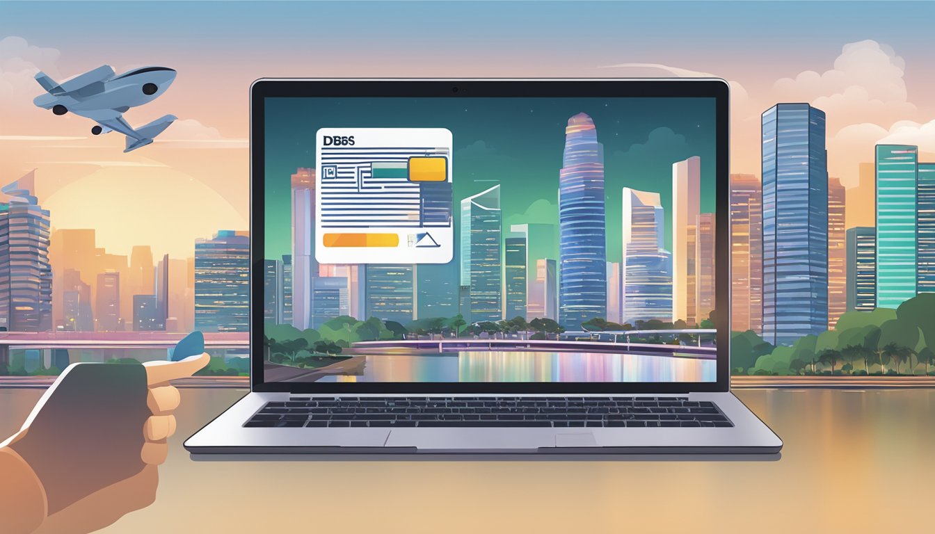 A hand holding a DBS Live Fresh Card, with a laptop open to the review page, and a Singapore skyline in the background