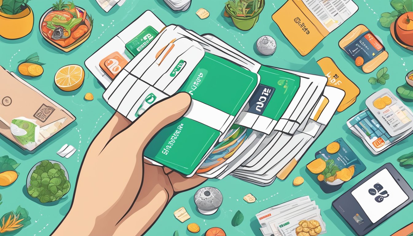A hand holding a dbs live fresh card, surrounded by various benefits such as cashback, rewards, and discounts from different merchants in Singapore