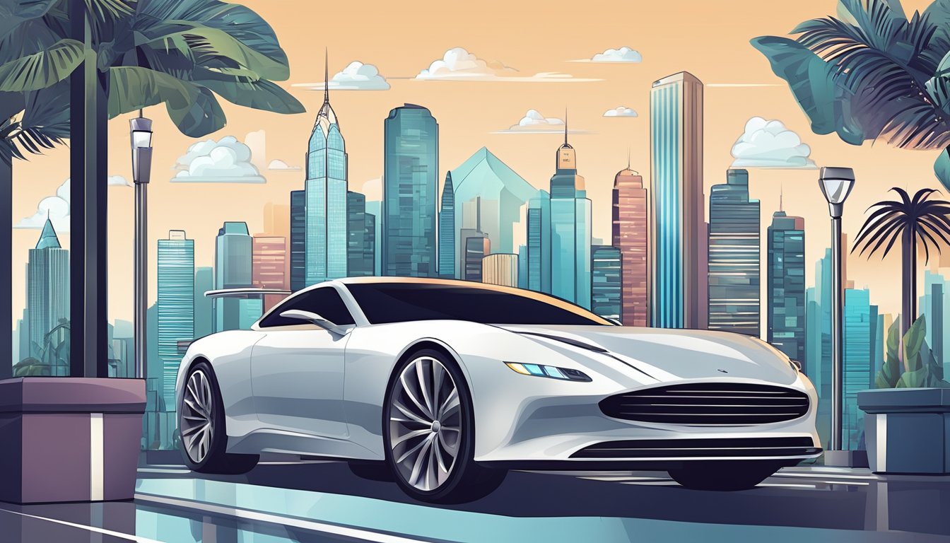 A modern city skyline with a sleek credit card and luxury items like a car, watch, and travel tickets