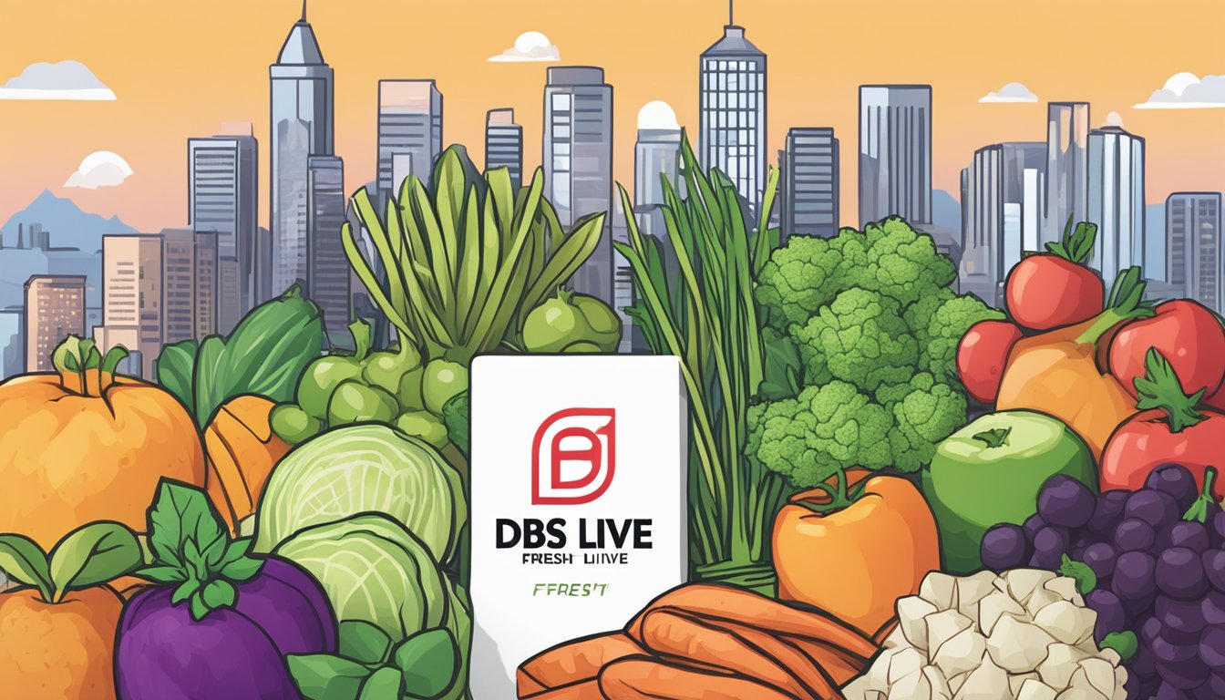 A stack of FAQ cards with "dbs live fresh" branding, surrounded by a variety of fresh produce and a city skyline in the background