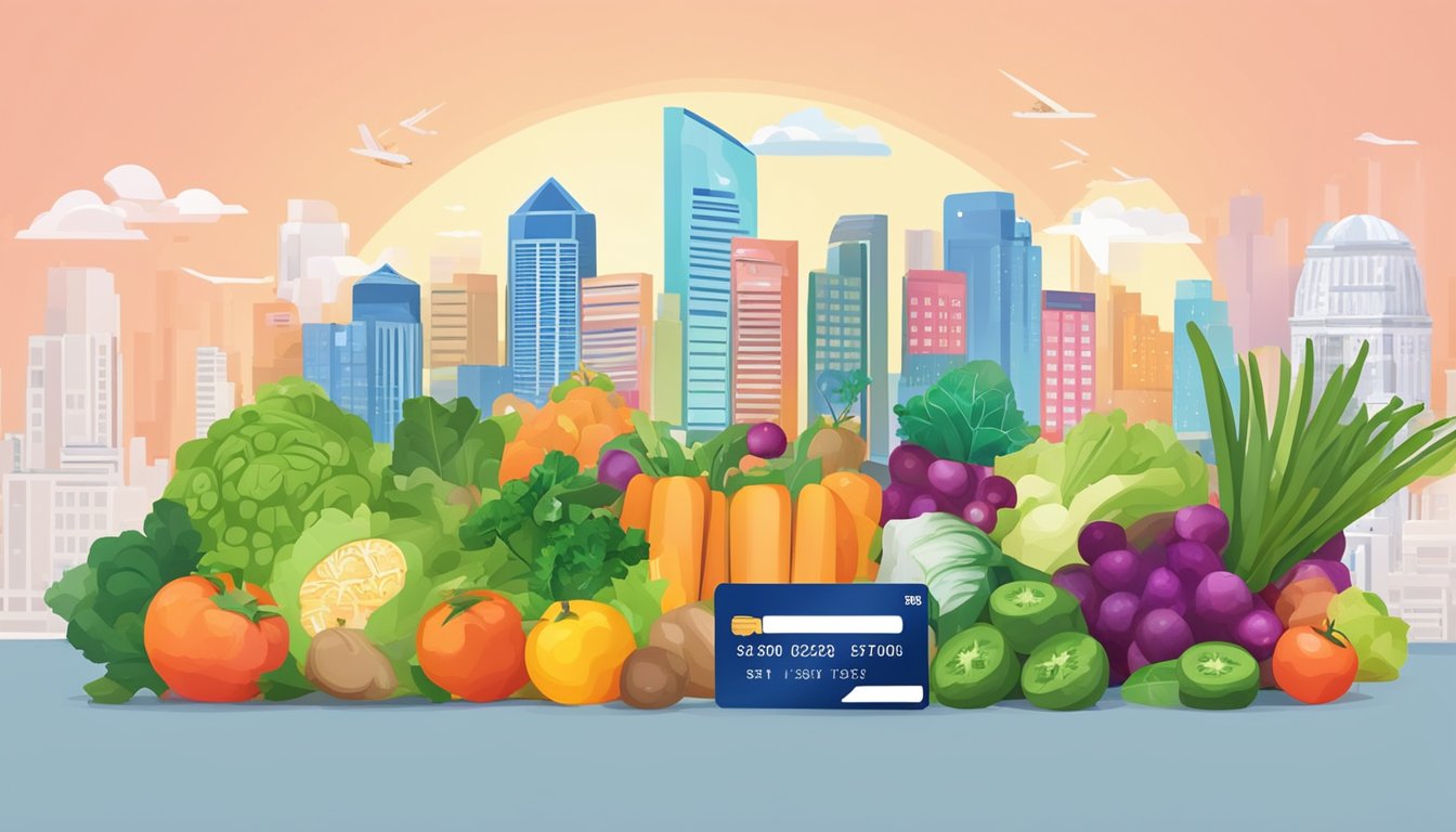 A vibrant credit card surrounded by fresh produce, shopping bags, and a city skyline, showcasing its cashback benefits in Singapore