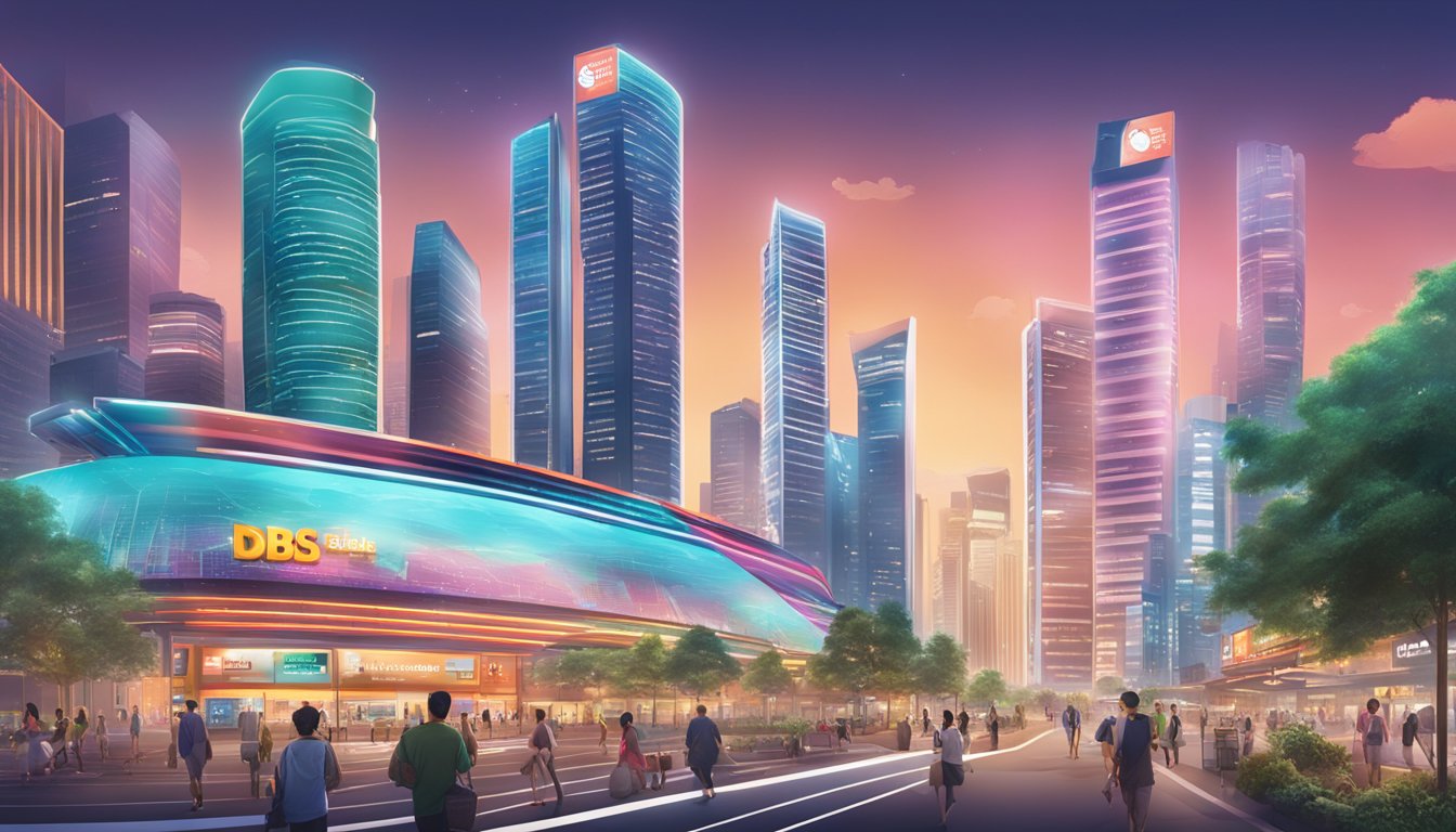 A vibrant cityscape with iconic Singapore landmarks, featuring the DBS Live Fresh Cashback logo prominently displayed on billboards and digital screens