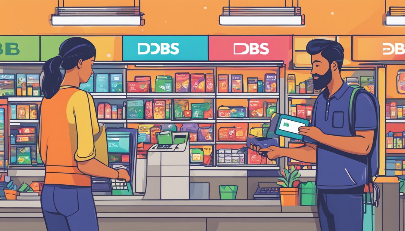 A person swiping a credit card at a cashier, with a bright, colorful "DBS Live Fresh Cashback" logo displayed prominently in the background