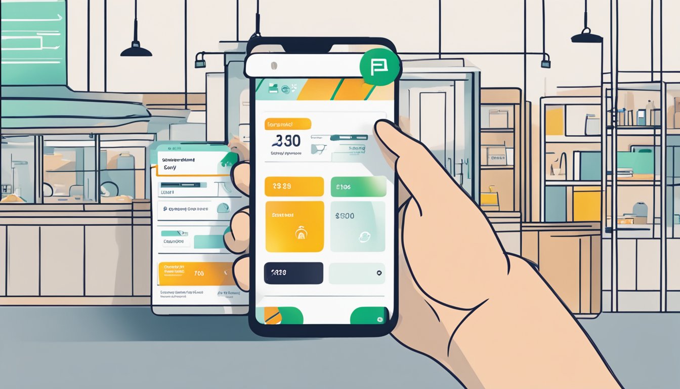 A hand holding a smartphone with the DBS Live Fresh Cashback app open, showing the eligibility and application process on the screen