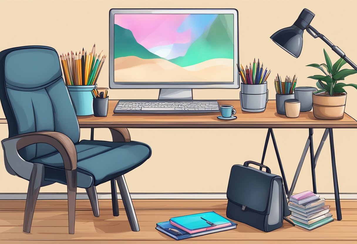 A table with various art supplies, a laptop open to an online art lesson, and a comfortable chair for the artist to sit and work